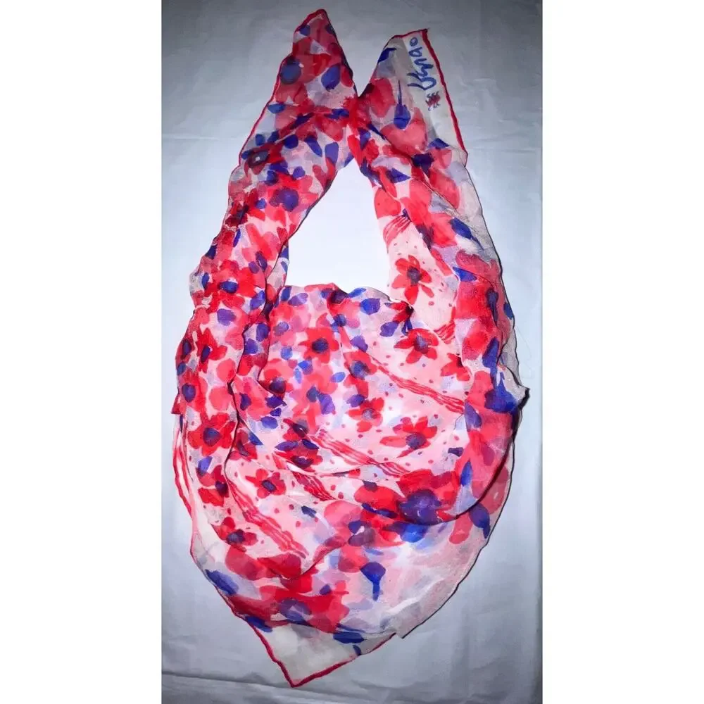 Vintage Vera Neumann Scarf - Sheer - Ladybug signed - Red & Blue Flowers